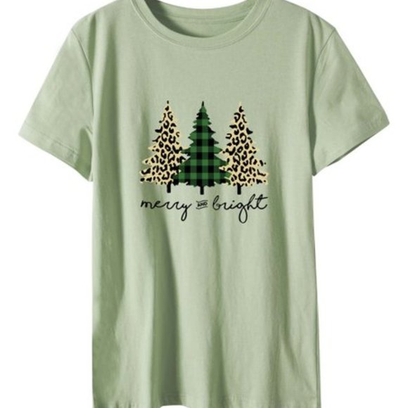 Olive Green 'Merry & Bright' Leopard and Plaid Trees Tee/NWT/XL - Picture 2 of 7